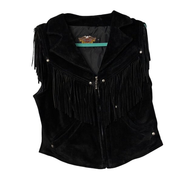 Harley-Davidson Black Suede Fringe Leather Vest, Sz Small, Biker Retro Rider - Picture 1 of 5